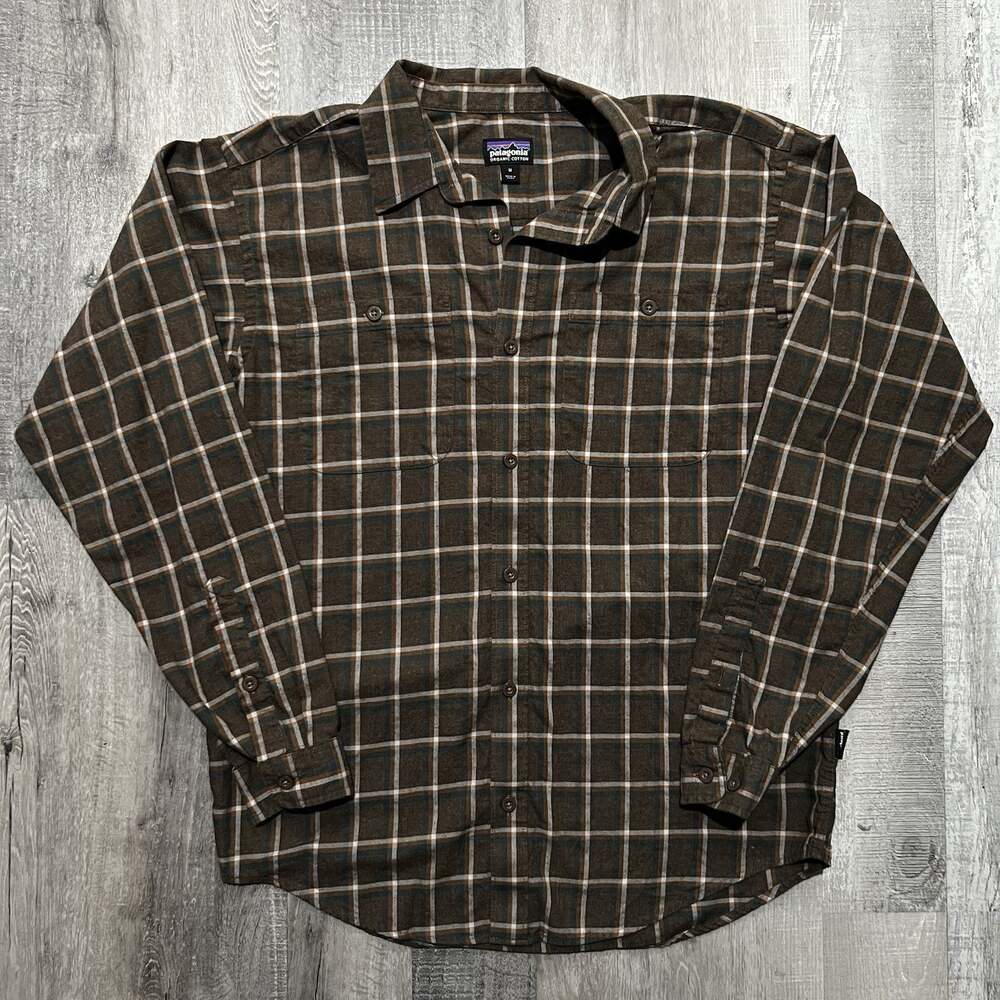 Patagonia Mens XL Organic Cotton Long Sleeve Flannel Brown Orange Blue Striped